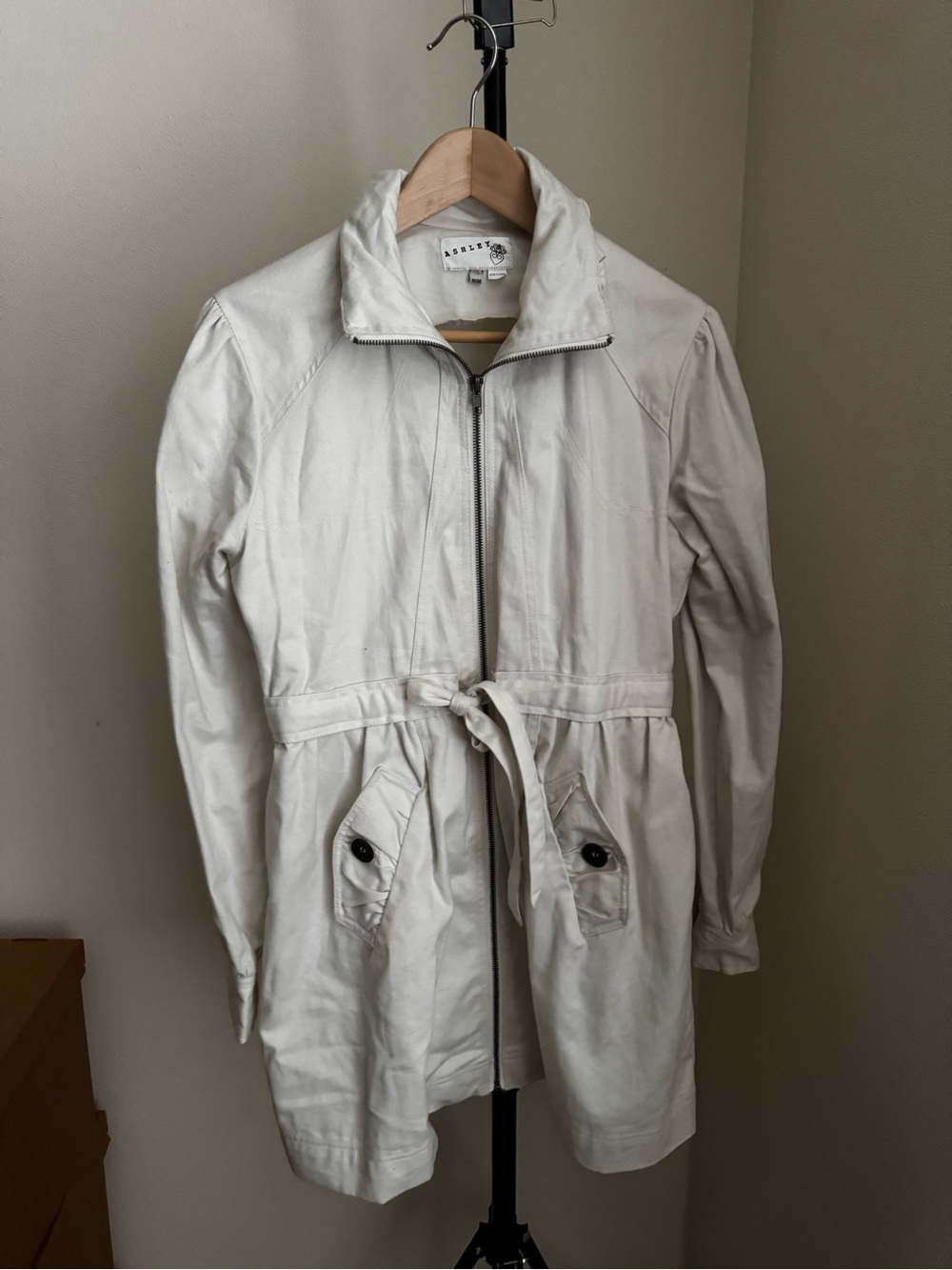 Ashley White Zip-Front Tie-Waist Trench Coat